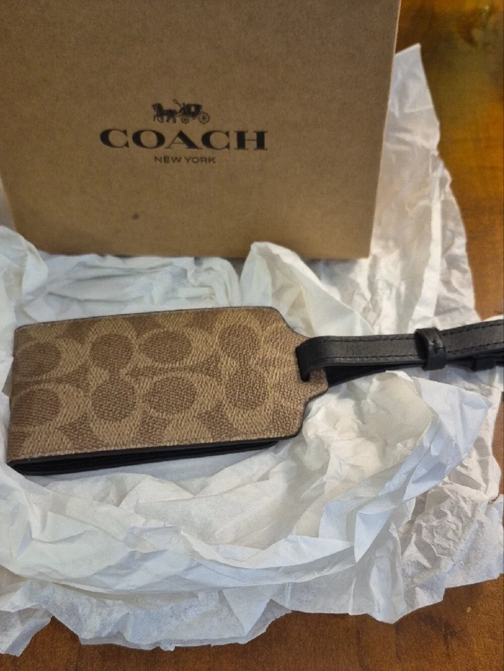 Coach Tan and Black Signature Luggage Tag In Coach Box